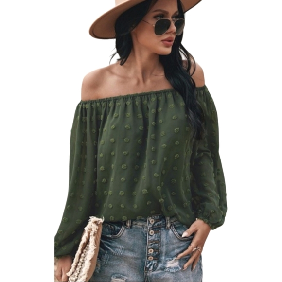 Tops - DARK GREEN the shoulder flowy swiss dot blouse✨️